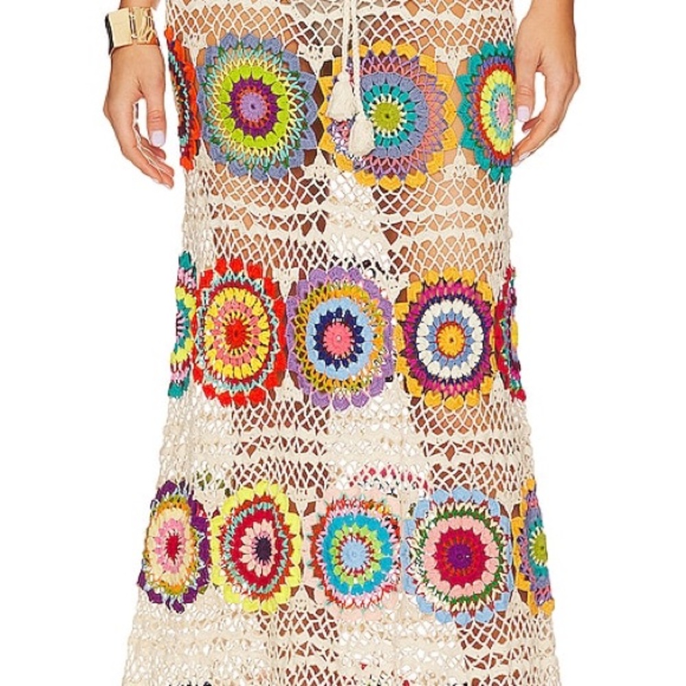 Alex Pinho Red and Orange Embellished A-line Maxi Skirt